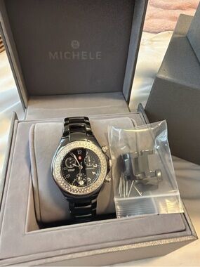 Michele Tahitian Diamond Chronograph Watch – Black Ceramic | Full Set